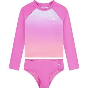 Hurley Girl's 14 Pink Long Sleeve Rash Guard Two Piece Swimsuit Set Beach L1-14